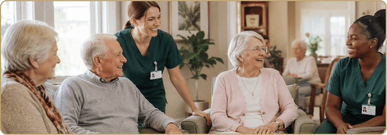 personal sanitario y personas mayores hablando